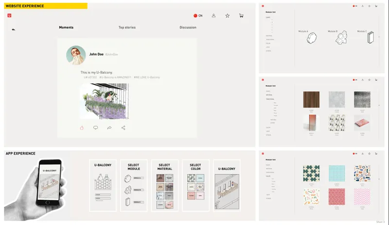 User interface mockups showing website and app screens for selecting modular balcony configurations and material palettes