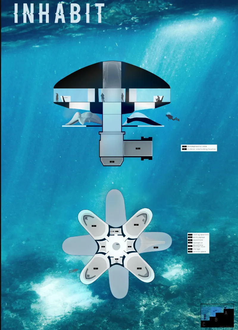 A radial underwater habitat organizes living, working, recreation, storage, and service spaces around a shared central core.