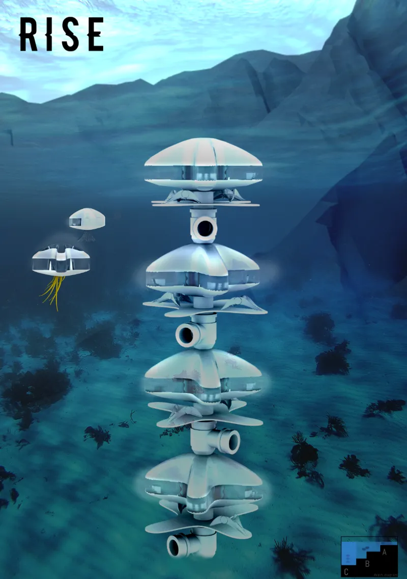 Vertically stacked habitat modules form a compact underwater tower while reducing direct impact on the Pacific seabed.