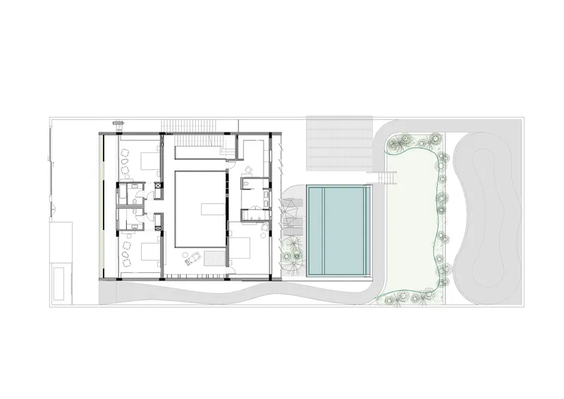 Upper floor plan showing enclosed spaces, pool, curved skate bowl, and landscaped planted edges