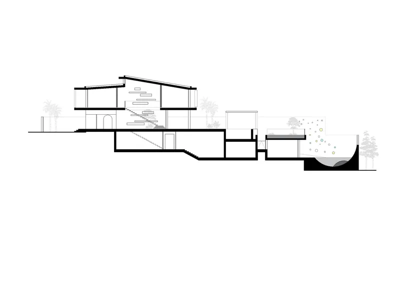 Section drawing showing split-level volumes, staircase, pool deck, skate bowl, and palm trees