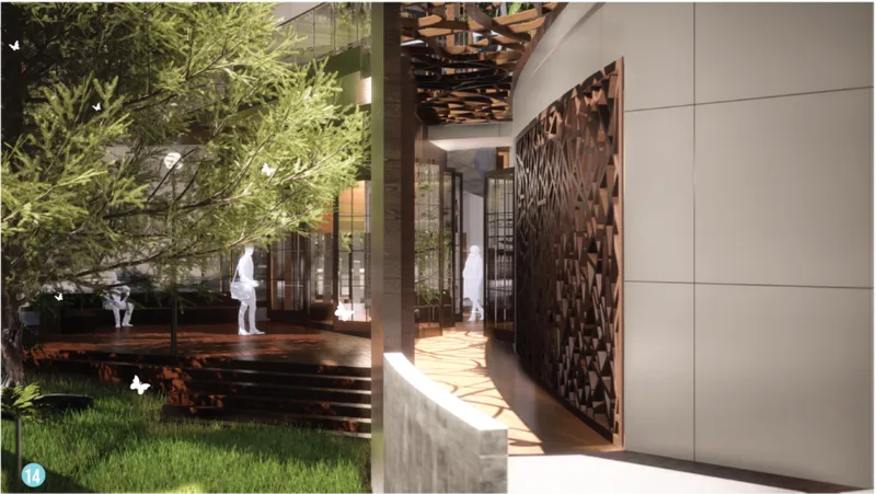 Nature-integrated circulation blends shaded gardens with warm, patterned interior spaces