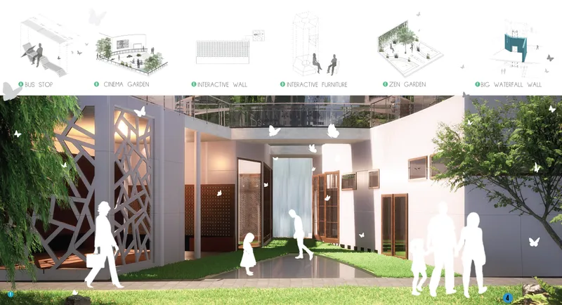 A communal courtyard combines vegetation, water, interactive elements, and social gathering areas
