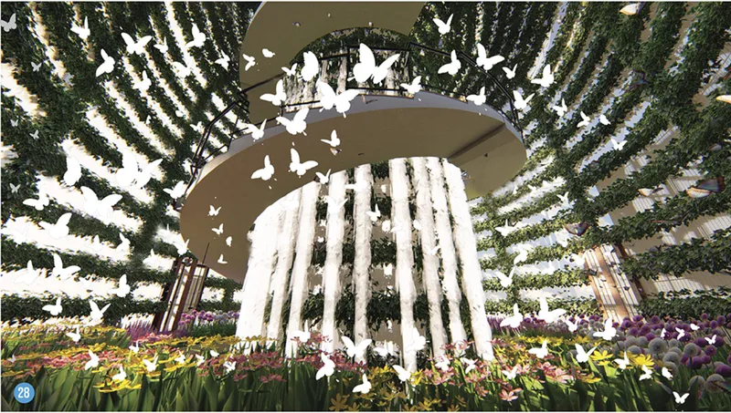 The butterfly garden creates an immersive habitat filled with vegetation, biodiversity, and layered circulation