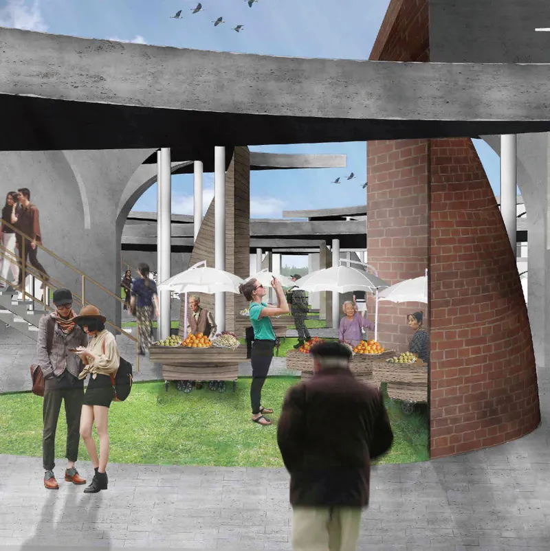 A vibrant open-air market activates the flexible ground level with vendors, visitors, and community life