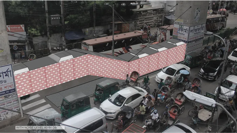 Elevated view of the intervention responding to severe traffic noise of 80–84 dB.