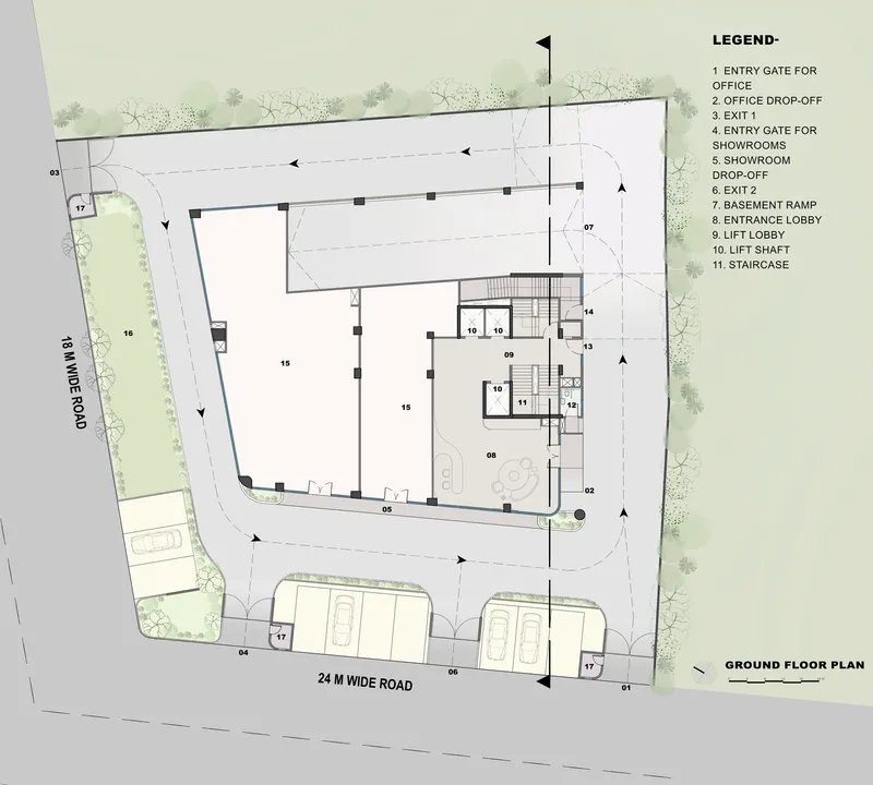 Ground floor plan drawing showing entry gates, showrooms, basement ramp and circulation routes with landscape buffer