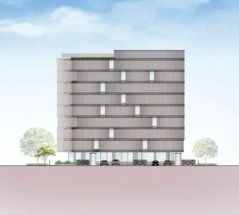 Elevation drawing of a multi-storey residential building with vertical louvred facade and ground-level parking