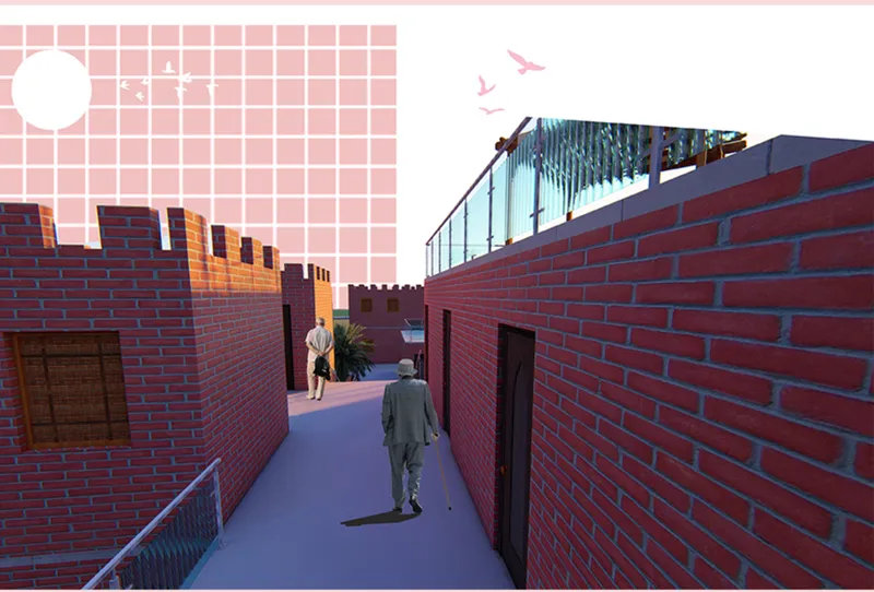 Accessible pedestrian pathway connecting private homes within the residential cluster