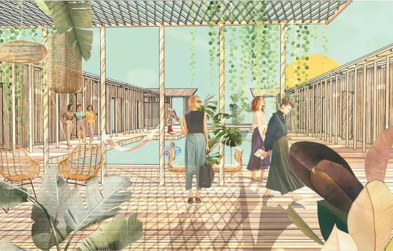 Open communal spaces connect shaded terraces, lush planting, and water-based circulation across the floating eco-lodge.