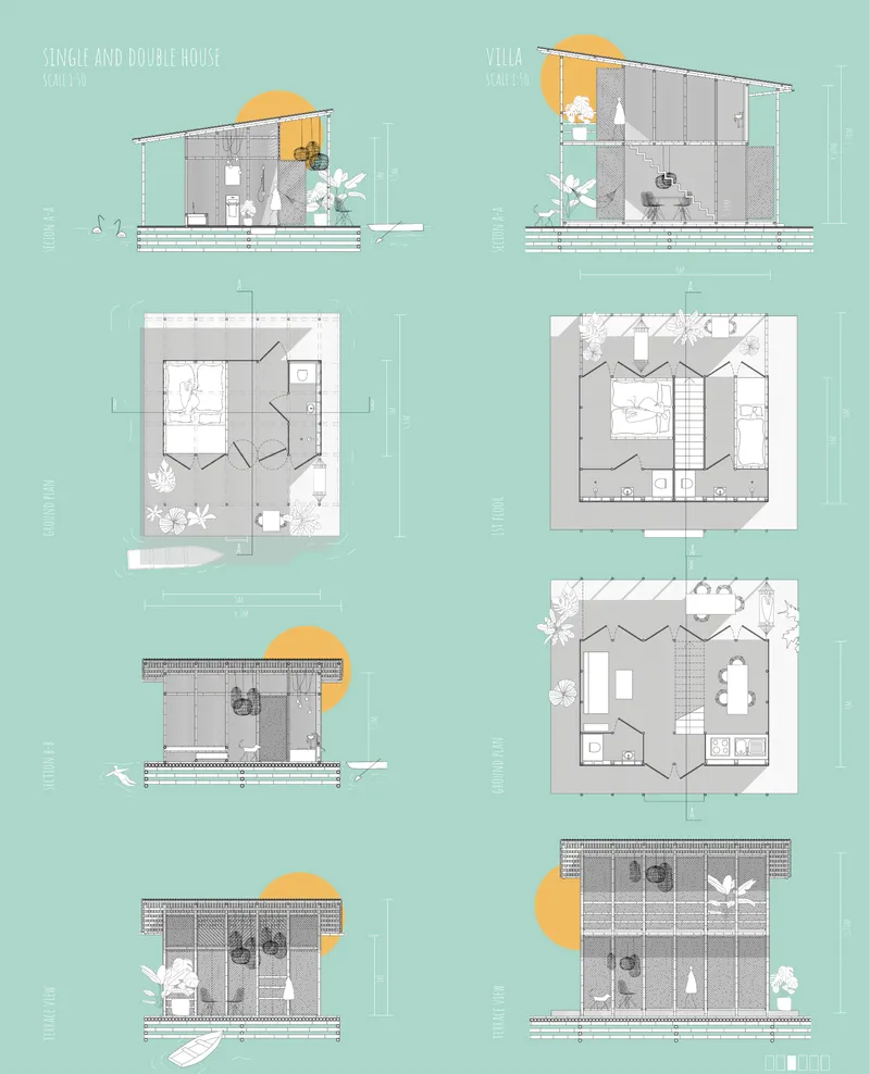 Plans and sections illustrate compact floating homes and villas designed with flexible layouts, private terraces, and bamboo facades.