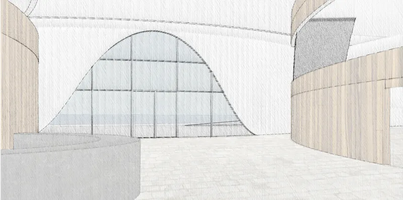 Curved foyer space creating a fluid connection between public areas and the sea