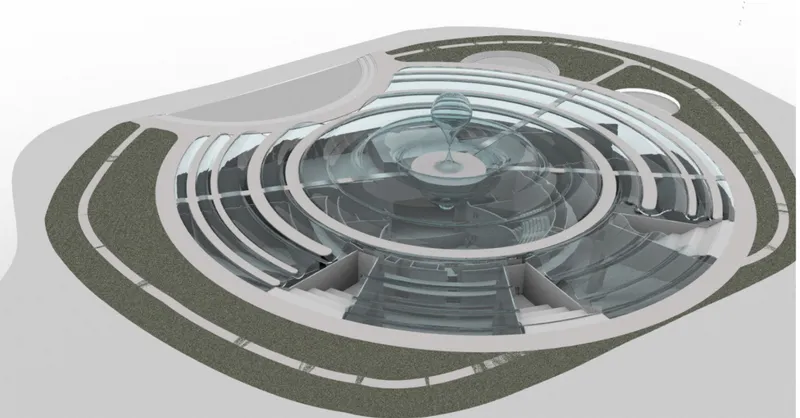 Axonometric view of concentric seating tiers and water features around a central glass sphere
