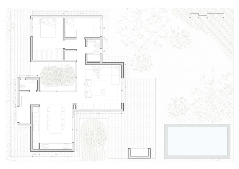 Floor plan drawing showing interconnected rooms with courtyards and a swimming pool