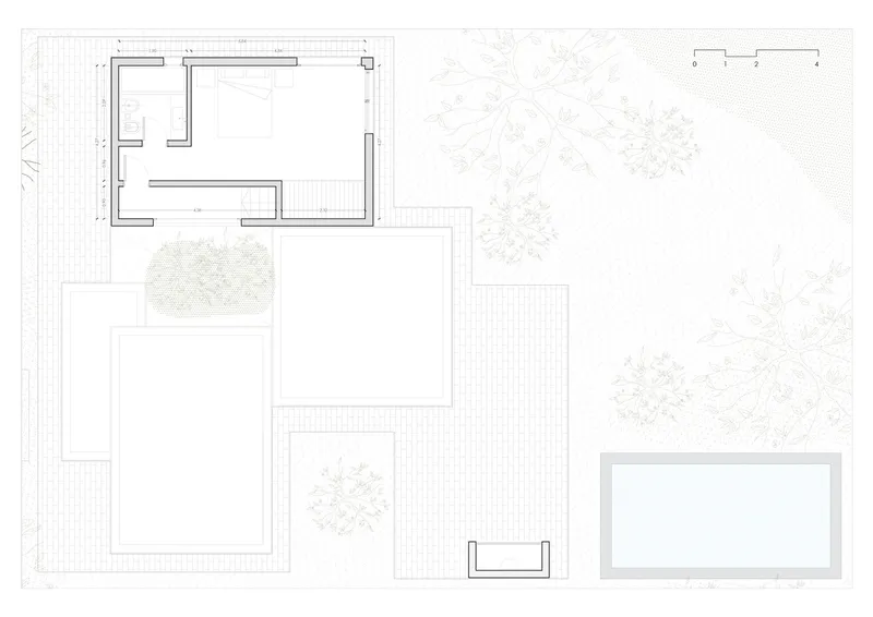 Floor plan drawing showing upper level with bedrooms and terraces surrounded by vegetation