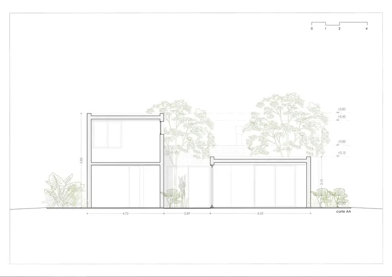 Elevation drawing showing two rectangular volumes separated by a planted gap with trees