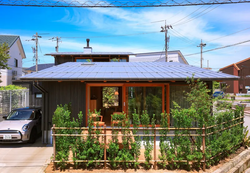 Street facade showing metal standing seam roof above dark timber walls and a carport with vegetable trellis
