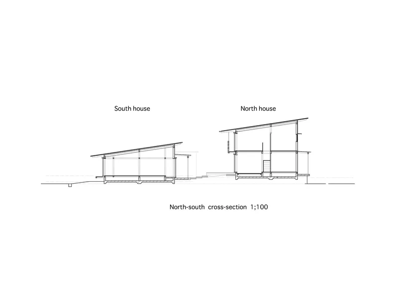 Cross-section drawing showing two sloped-roof volumes separated by an open courtyard space