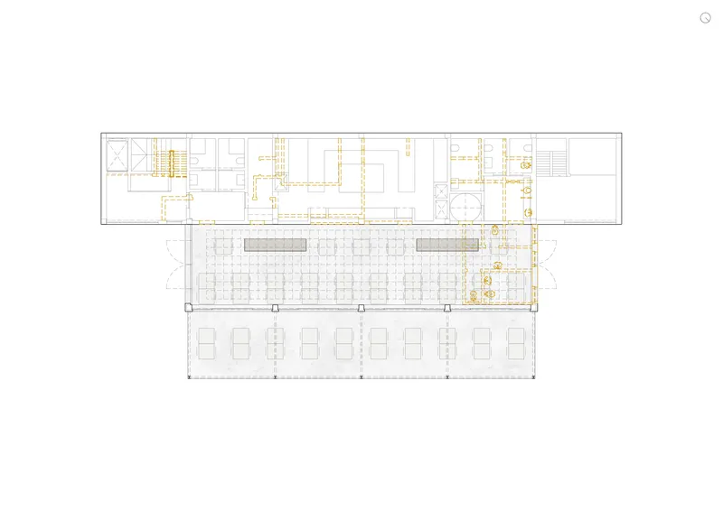 Floor plan drawing with circulation paths highlighted in yellow connecting interior spaces and exterior terrace