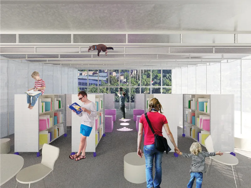 Flexible library interior with movable bookboxes and open reading spaces.
