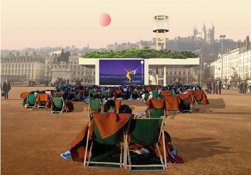 Outdoor cinema concept showing Liboratory as a reusable urban cultural tool.