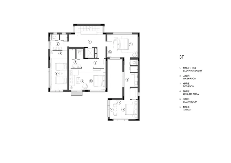 Floor plan drawing showing the third level with bedrooms, washroom, and tatami room arranged around a central stair