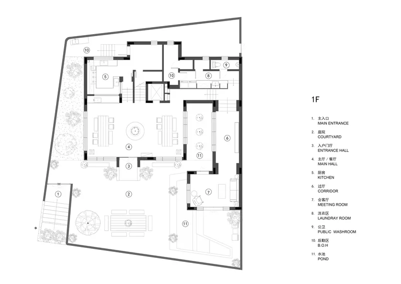 Ground floor plan drawing showing entrance hall, courtyard, main hall, kitchen, and exterior pond
