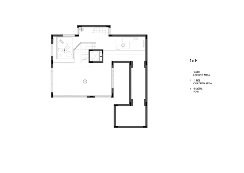 Floor plan drawing showing an L-shaped layout with bathroom, staircase, and living spaces arranged around a central void