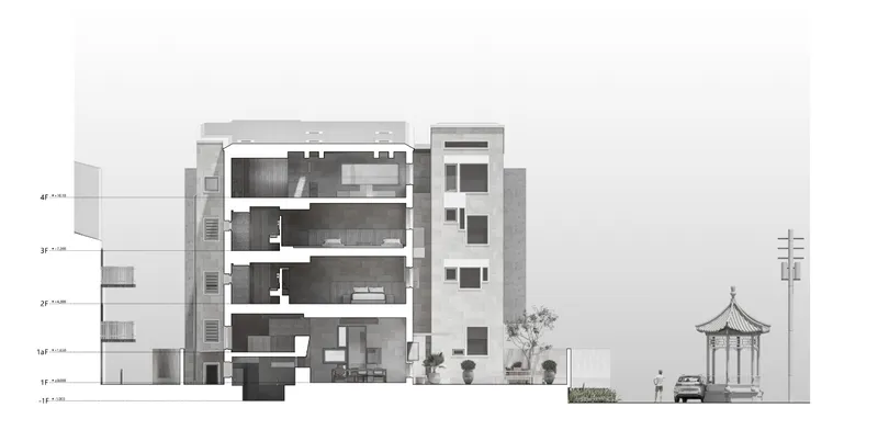 Sectional drawing revealing four floors of interior spaces with a pagoda-style structure and utility poles in the street context