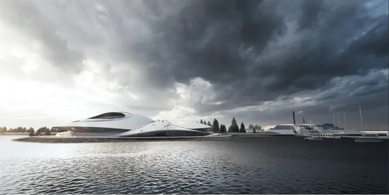 View across the water of the white shell-like building under dark storm clouds