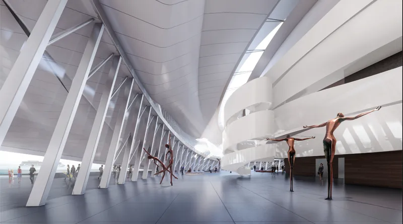 Interior corridor with angled white columns and curved ceiling where dancers practice on polished floors
