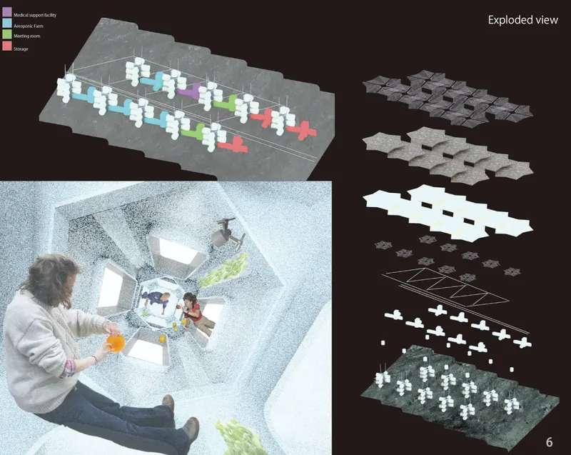 Exploded habitat view reveals modular programs, structural layers, circulation networks, and adaptable living spaces.