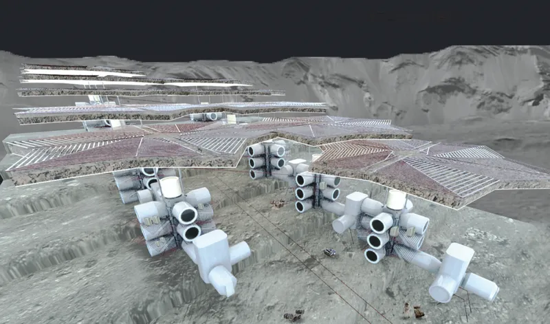 Modular habitat clusters spread beneath protective umbrella structures across the Ceres landscape.