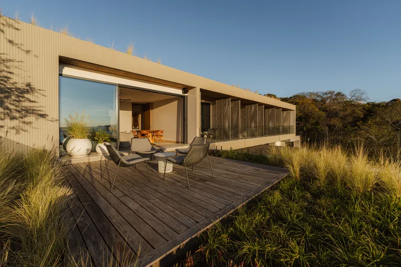 Timber deck terrace with lounge chairs surrounded by native grasses at golden hour