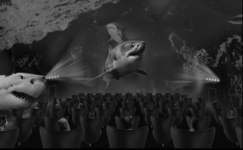 Immersive projections surround the audience, transforming the cinema into an underwater world of sharks and ocean movement.