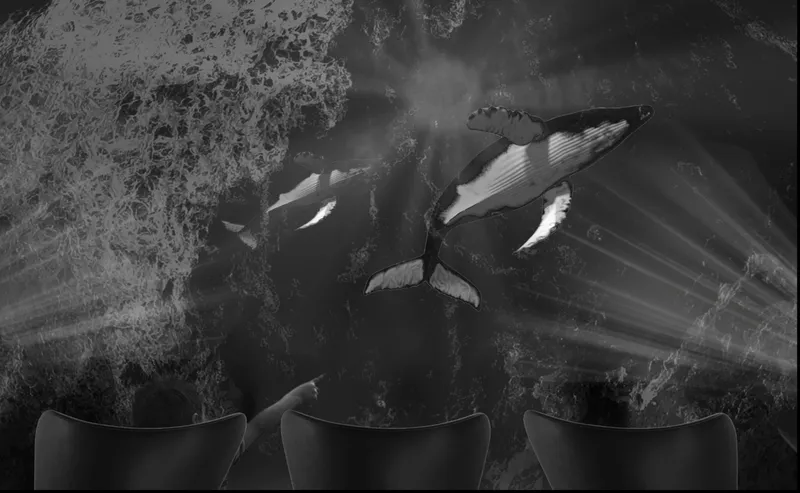 Responsive projection surfaces blur the boundary between physical architecture and a digitally simulated ocean environment.