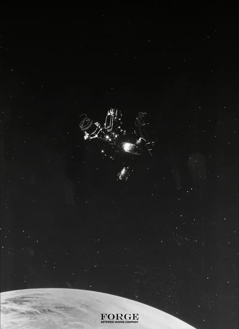The Forge drifts above an asteroid, marking the beginning of a new mining settlement in deep space.