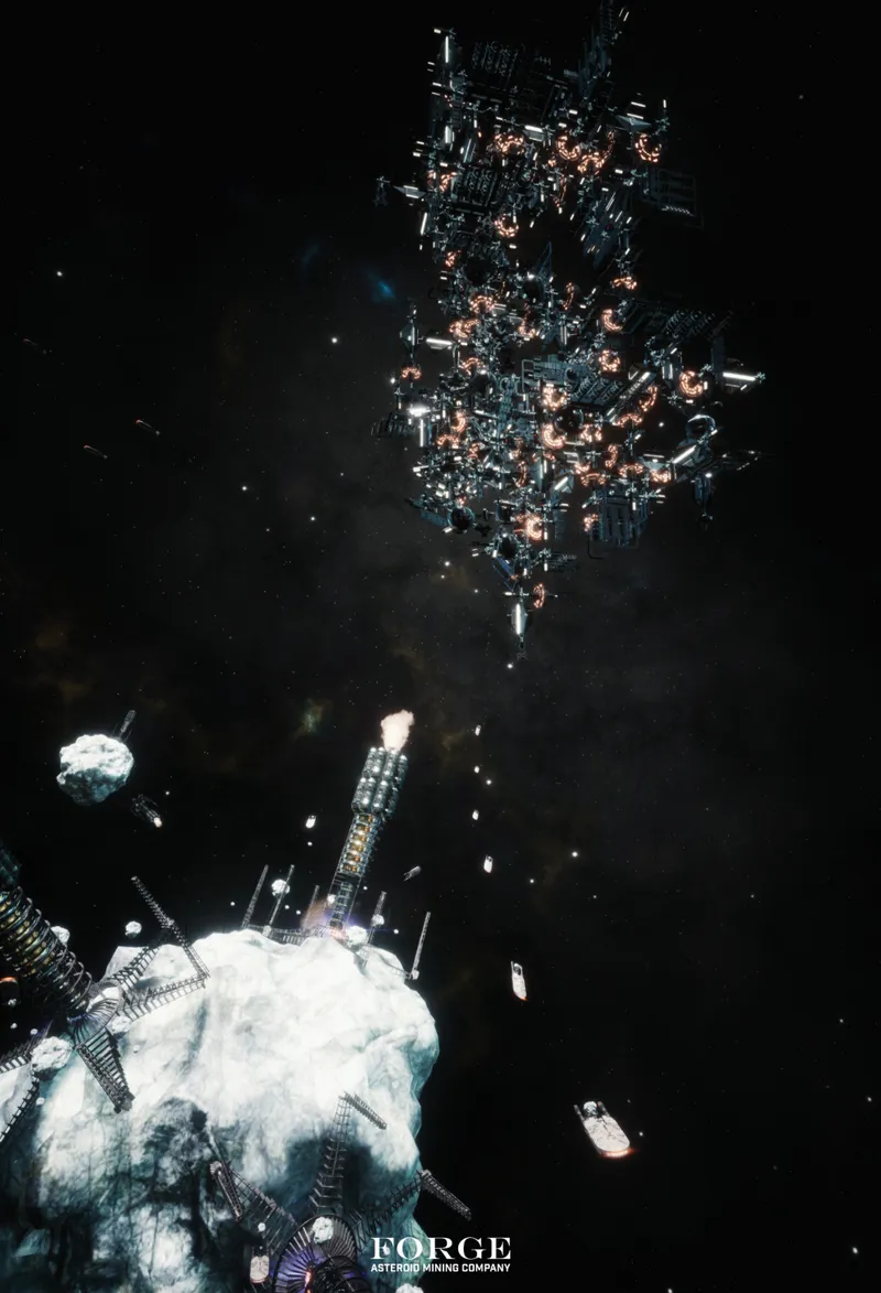 A vast modular station expands around an active asteroid extraction site.