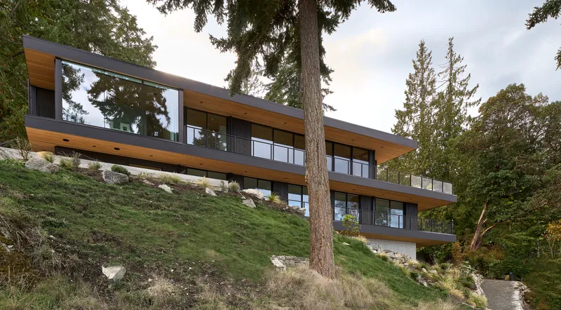 Two-storey volume with timber soffits and glass walls perched on a rocky forested hillside