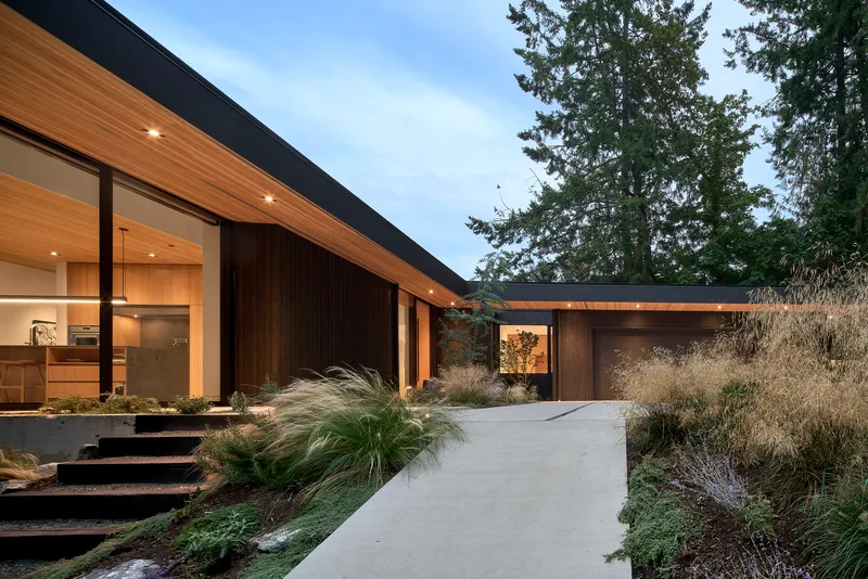 Planted concrete pathway approaching the entry with dark cladding and tall evergreens overhead