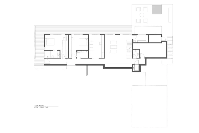 Floor plan drawing showing bedroom wing separated from main living spaces