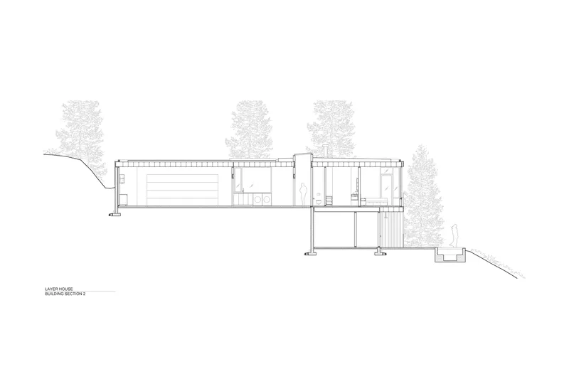 Building section drawing showing two-story volumes stepping down a sloped site with surrounding trees
