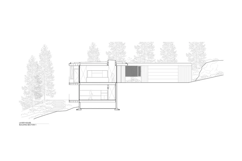 Building section drawing revealing interior spaces carved into a hillside with coniferous trees above