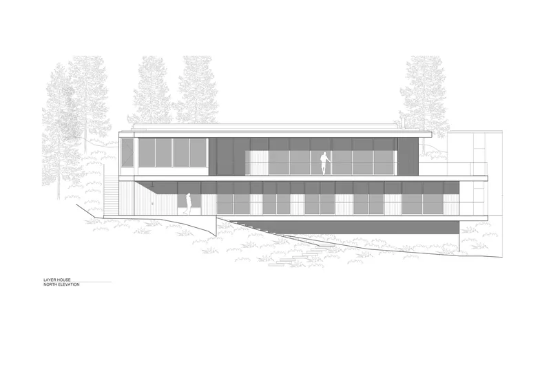 North elevation drawing depicting stacked volumes with varied cladding and figures on balconies