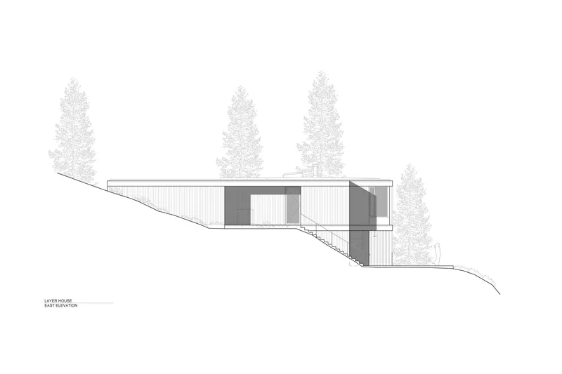East elevation drawing showing horizontal volumes with recessed entries on a descending grade