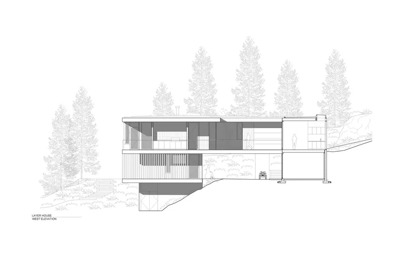 West elevation drawing featuring cantilevered volumes and screened balconies against a forested hillside