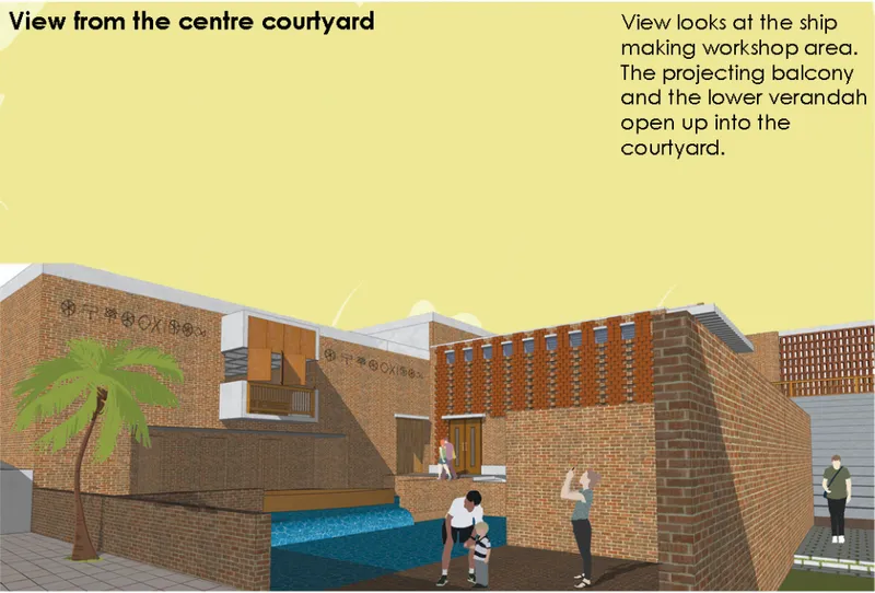 Centre courtyard view highlighting brick textures, verandahs, projecting balconies, and water features inspired by ancient settlement patterns.