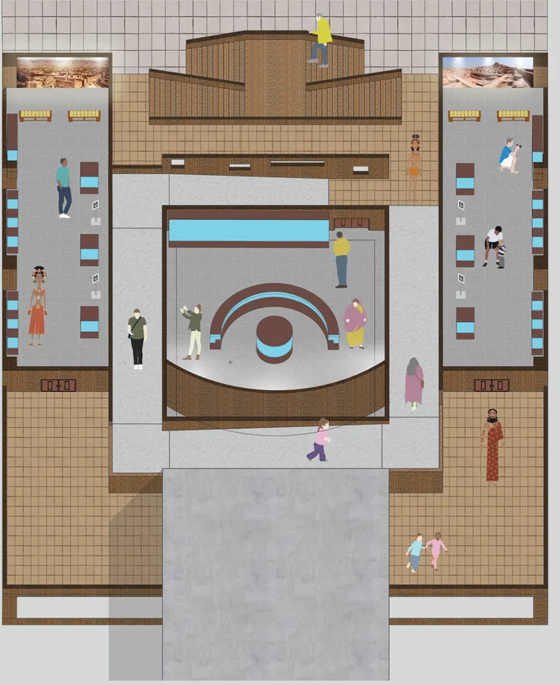 Museum interior plan showing exhibition galleries, circulation paths, display zones, and narrative spaces arranged around a central experience.