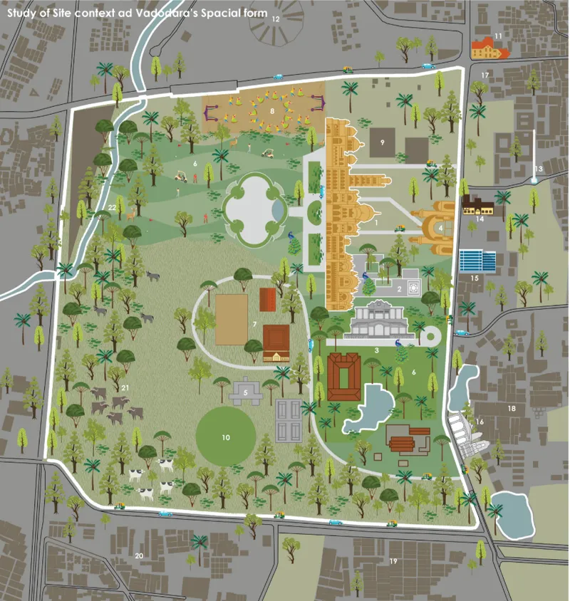 Site context mapping showing Vadodara’s spatial form, heritage landmarks, gardens, roads, and cultural connections around the project site.