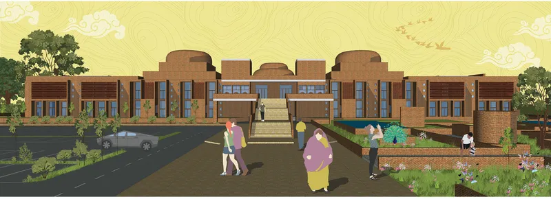 Front view of the Indus Valley Civilisation museum, where brick volumes, domed forms, gardens, and stepped entry create a civic arrival.
